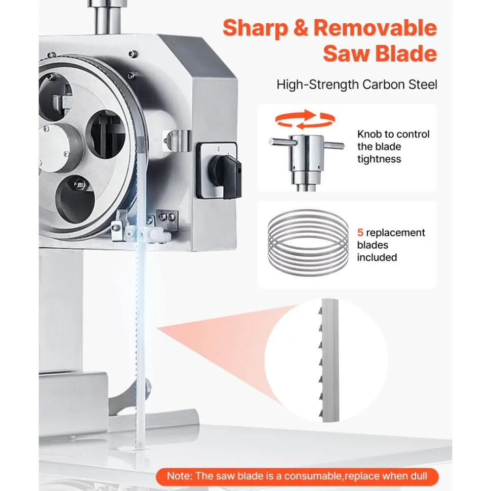 VEVOR Commercial Electric Meat Bandsaw, 2200W Stainless Steel Vertical Bone Sawing Machine, Workbeach 24.4" x 20.5", 0.16-8.7 Inch Cutting Thickness, Frozen Meat Cutter with 6 Blades for Rib Pork Beef