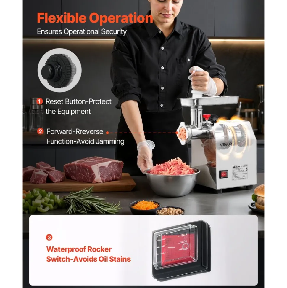 VEVOR Commercial Electric Meat Grinder, 5 lbs/min Capacity, #8 Industrial Meat Mincer with 2 Stainless Steel Blades, 2 Grinding Plates, 600W Heavy-Duty Sausage Maker Stuffer, for Kitchen, Restaurant