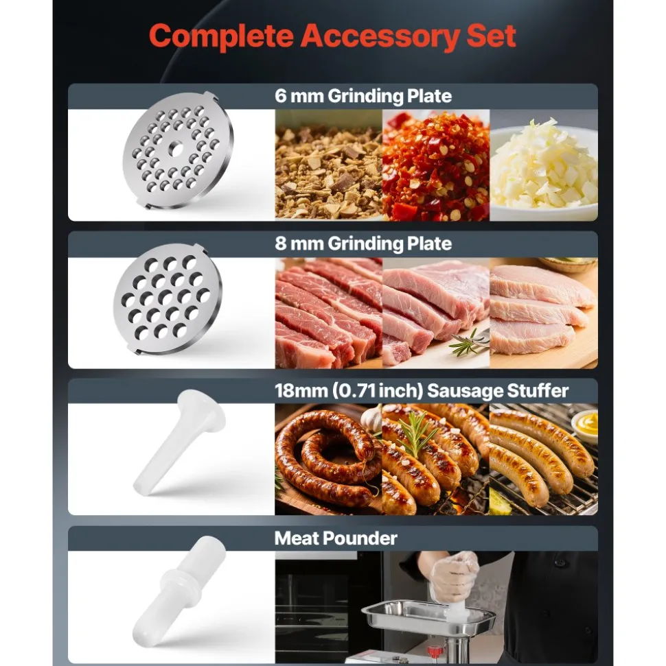 VEVOR Commercial Electric Meat Grinder, 5 lbs/min Capacity, #8 Industrial Meat Mincer with 2 Stainless Steel Blades, 2 Grinding Plates, 600W Heavy-Duty Sausage Maker Stuffer, for Kitchen, Restaurant