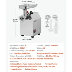 VEVOR Commercial Electric Meat Grinder, 5 lbs/min Capacity, #8 Industrial Meat Mincer with 2 Stainless Steel Blades, 2 Grinding Plates, 600W Heavy-Duty Sausage Maker Stuffer, for Kitchen, Restaurant