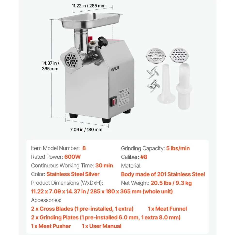 VEVOR Commercial Electric Meat Grinder, 5 lbs/min Capacity, #8 Industrial Meat Mincer with 2 Stainless Steel Blades, 2 Grinding Plates, 600W Heavy-Duty Sausage Maker Stuffer, for Kitchen, Restaurant