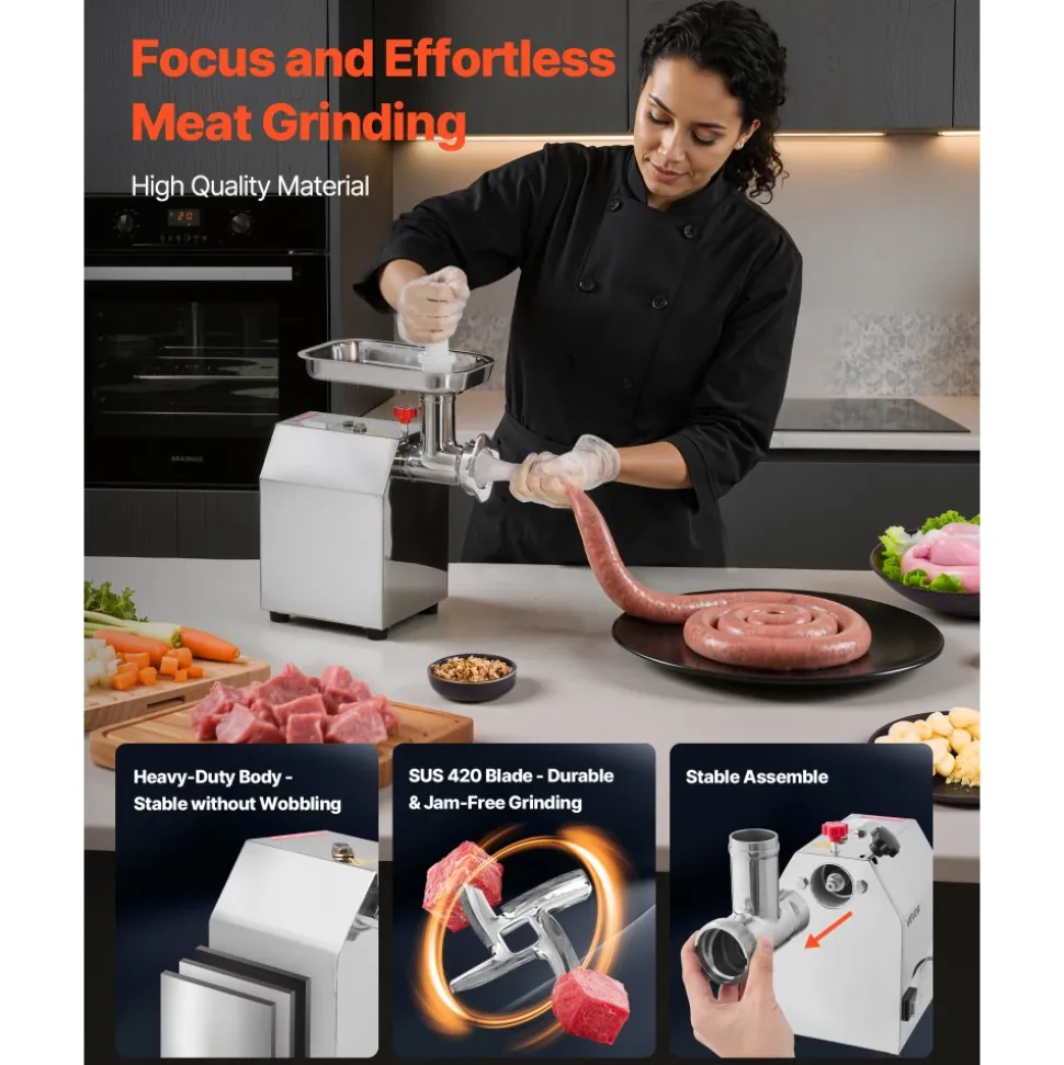 VEVOR Commercial Electric Meat Grinder, 5 lbs/min Capacity, #8 Industrial Meat Mincer with 2 Stainless Steel Blades, 2 Grinding Plates, 600W Heavy-Duty Sausage Maker Stuffer, for Kitchen, Restaurant