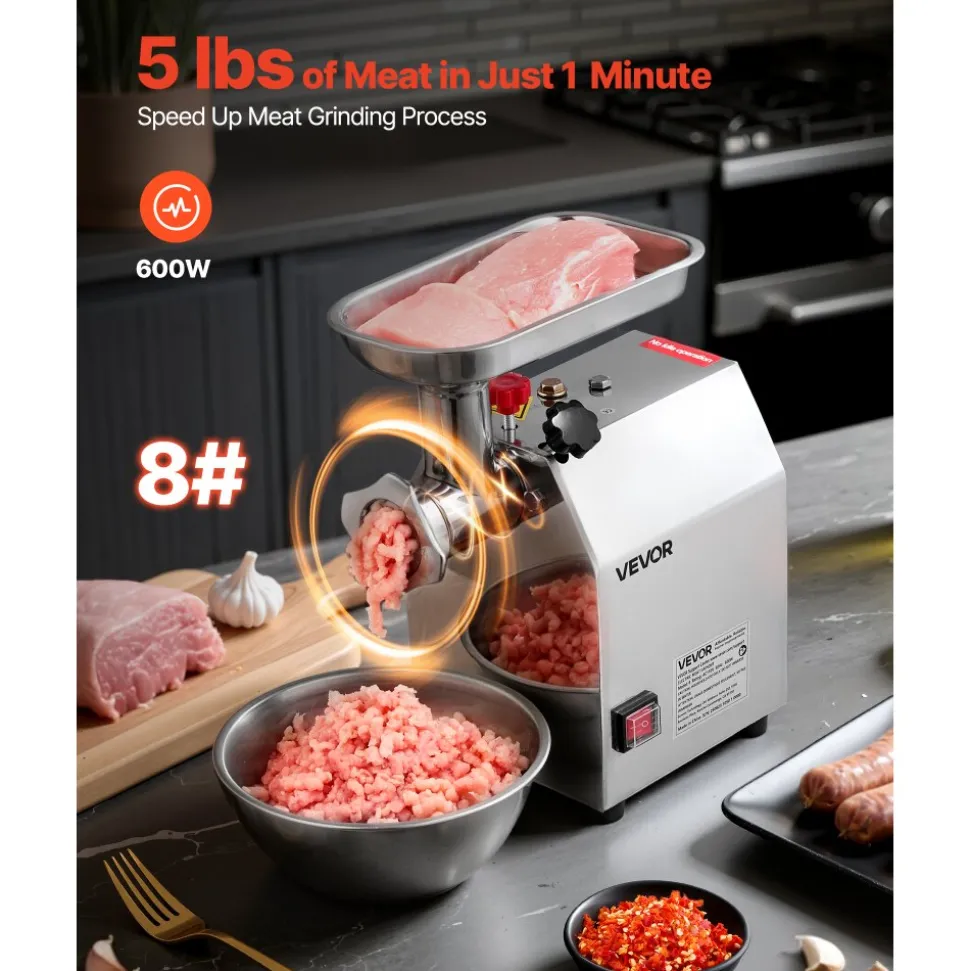 VEVOR Commercial Electric Meat Grinder, 5 lbs/min Capacity, #8 Industrial Meat Mincer with 2 Stainless Steel Blades, 2 Grinding Plates, 600W Heavy-Duty Sausage Maker Stuffer, for Kitchen, Restaurant