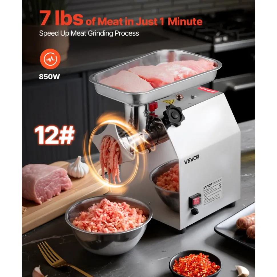 VEVOR Commercial Electric Meat Grinder, 7 lbs/min Capacity, #12 Industrial Meat Mincer with 2 Stainless Steel Blades, 2 Grinding Plates, 850W Heavy-Duty Sausage Maker Stuffer, for Kitchen, Restaurant