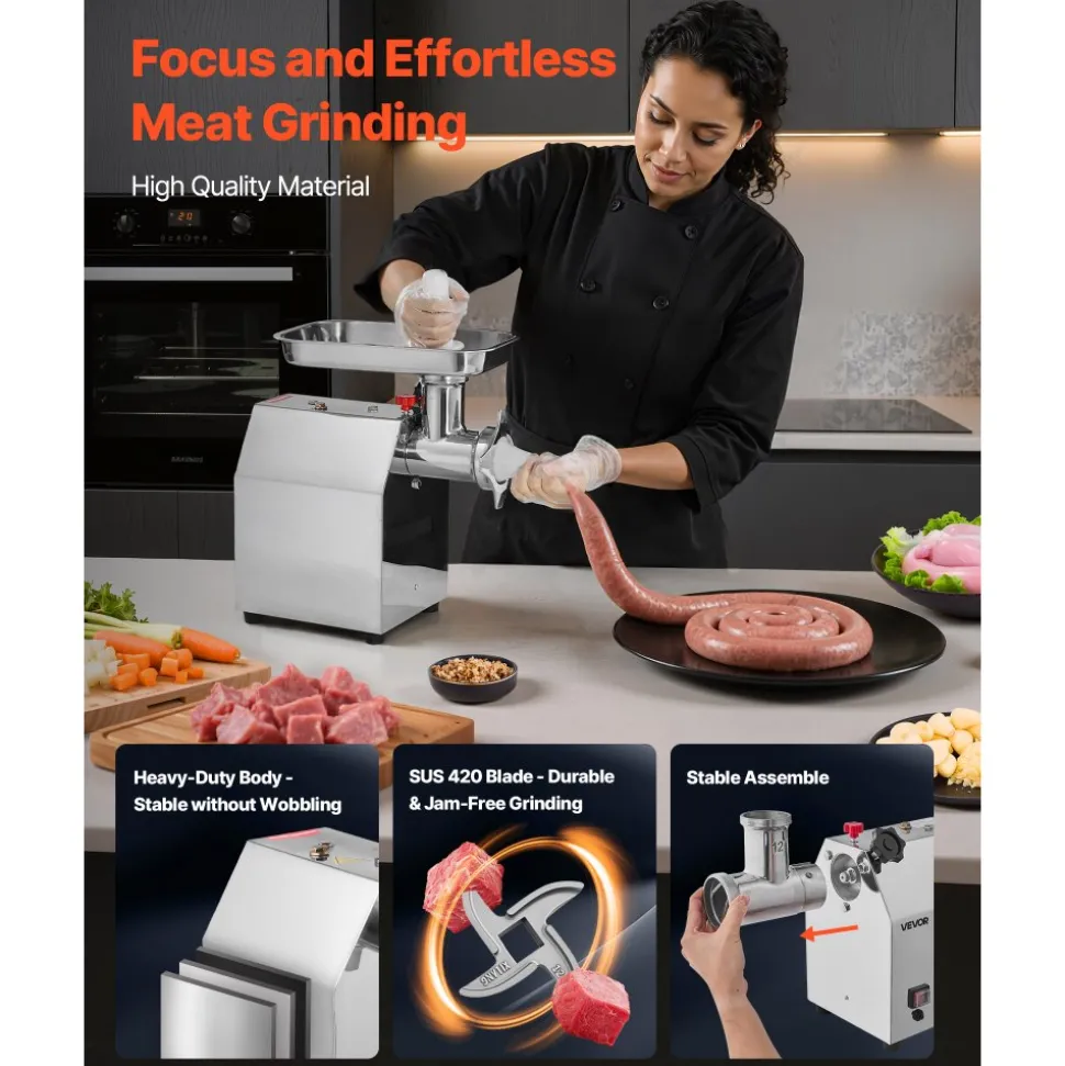 VEVOR Commercial Electric Meat Grinder, 7 lbs/min Capacity, #12 Industrial Meat Mincer with 2 Stainless Steel Blades, 2 Grinding Plates, 850W Heavy-Duty Sausage Maker Stuffer, for Kitchen, Restaurant