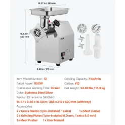 VEVOR Commercial Electric Meat Grinder, 7 lbs/min Capacity, #12 Industrial Meat Mincer with 2 Stainless Steel Blades, 2 Grinding Plates, 850W Heavy-Duty Sausage Maker Stuffer, for Kitchen, Restaurant