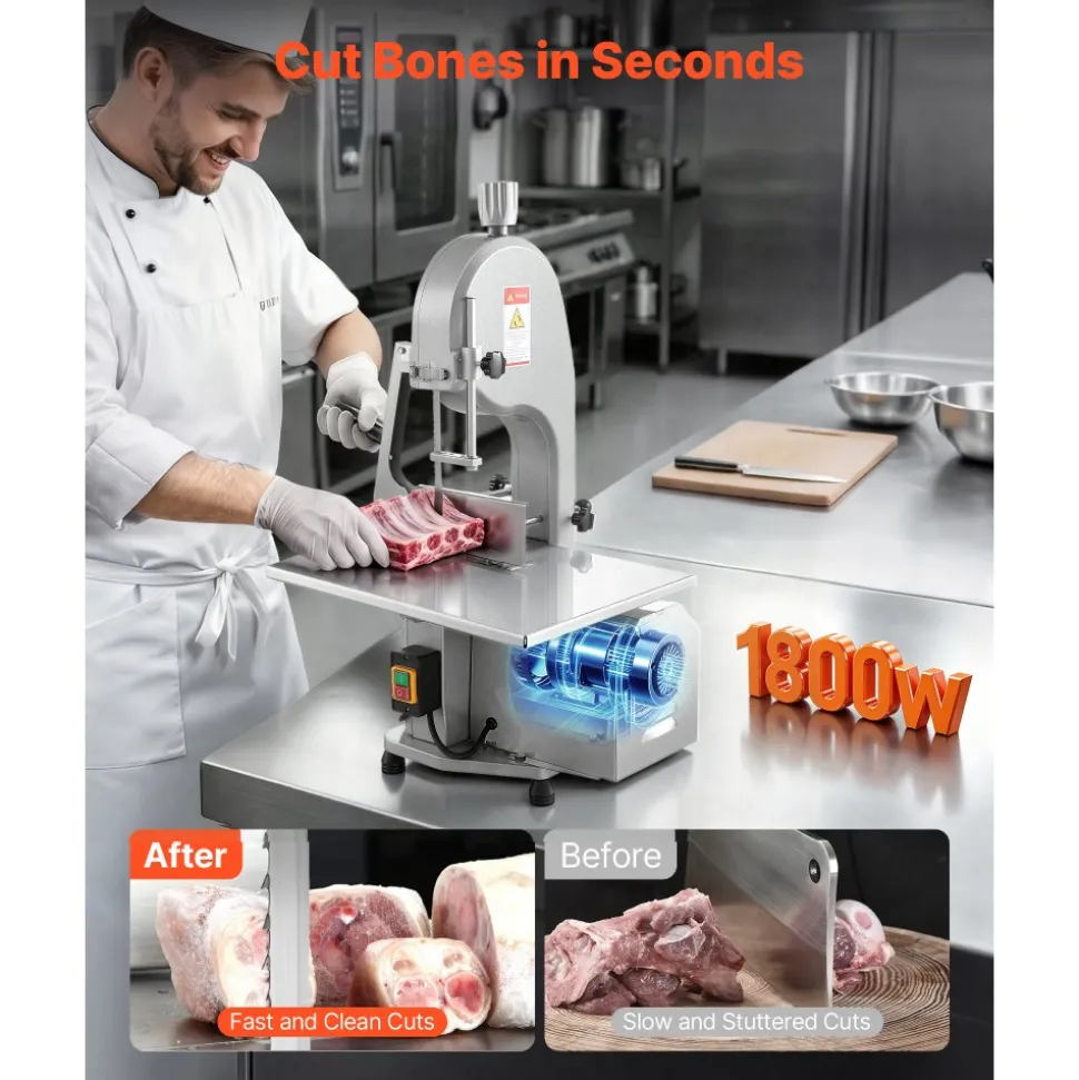 VEVOR Commercial Electric Meat Bandsaw, 1800W Stainless Steel Countertop Bone Sawing Machine, Workbeach 15" x 19.1", 7.09 Inch Max Cutting Thickness, Frozen Meat Cutter with 5 Blades for Rib Pork Beef