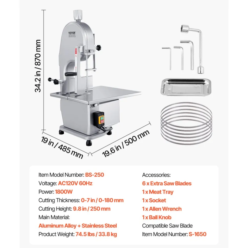 VEVOR Commercial Electric Meat Bandsaw, 1800W Stainless Steel Countertop Bone Sawing Machine, Workbeach 15" x 19.1", 7.09 Inch Max Cutting Thickness, Frozen Meat Cutter with 5 Blades for Rib Pork Beef