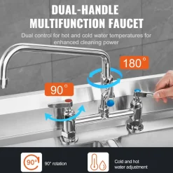 VEVOR Commercial Faucet with Pre-Rinse Sprayer, 26" Height, 8" Center, 12" Swing Spout, Deck Mount Kitchen Sink Faucet, Brass Constructed Device with Pull Down Spray, for 1/2/3 Compartment Sink