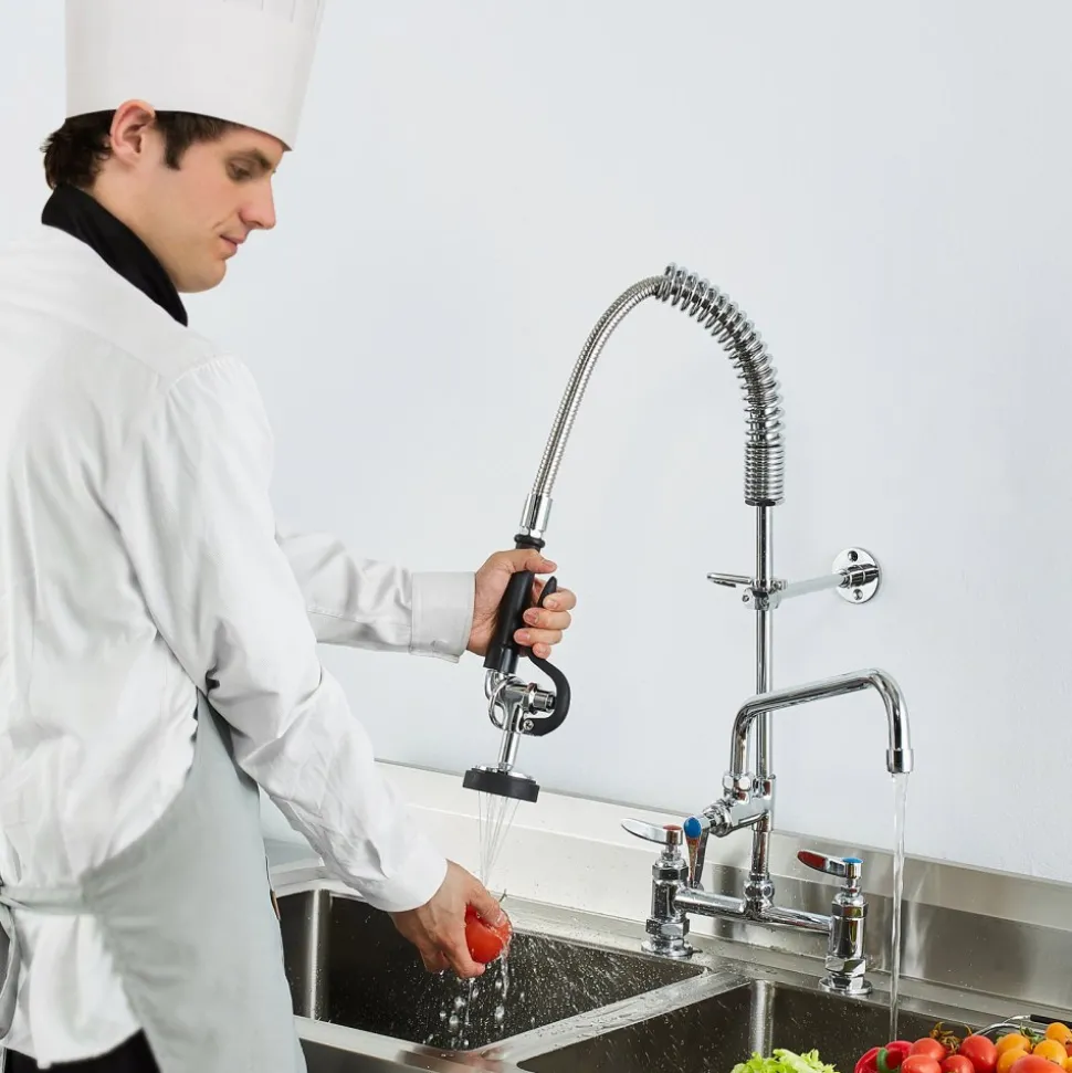 VEVOR Commercial Faucet with Pre-Rinse Sprayer, 26" Height, 8" Center, 12" Swing Spout, Deck Mount Kitchen Sink Faucet, Brass Constructed Device with Pull Down Spray, for 1/2/3 Compartment Sink