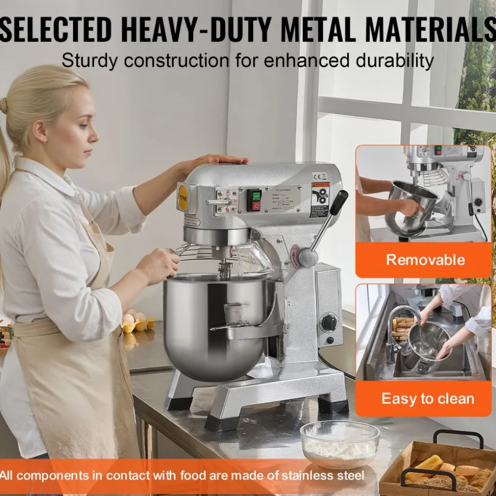 VEVOR Commercial Food Mixer, 28.5L Commercial Stand Mixer with 3 Adjustable Speeds, 1100W Dough Mixer with Stainless Steel Bowl and 3 Mixing Attachments, Ideal for Restaurant, Bakery, Pastry shop, Caf