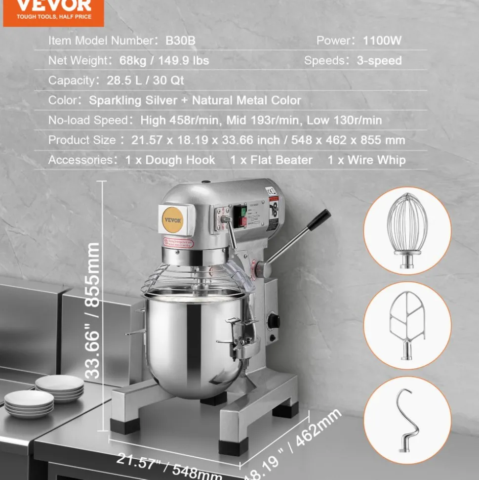 VEVOR Commercial Food Mixer, 28.5L Commercial Stand Mixer with 3 Adjustable Speeds, 1100W Dough Mixer with Stainless Steel Bowl and 3 Mixing Attachments, Ideal for Restaurant, Bakery, Pastry shop, Caf