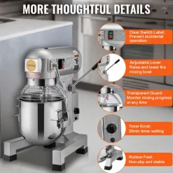VEVOR Commercial Food Mixer, 28.5L Commercial Stand Mixer with 3 Adjustable Speeds, 1100W Dough Mixer with Stainless Steel Bowl and 3 Mixing Attachments, Ideal for Restaurant, Bakery, Pastry shop, Caf
