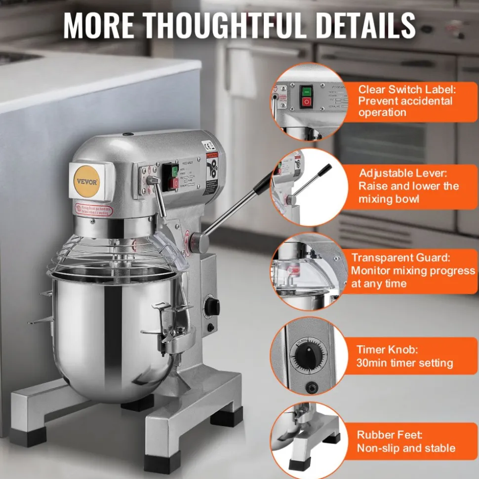 VEVOR Commercial Food Mixer, 28.5L Commercial Stand Mixer with 3 Adjustable Speeds, 1100W Dough Mixer with Stainless Steel Bowl and 3 Mixing Attachments, Ideal for Restaurant, Bakery, Pastry shop, Caf