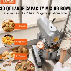 VEVOR Commercial Food Mixer, 28.5L Commercial Stand Mixer with 3 Adjustable Speeds, 1100W Dough Mixer with Stainless Steel Bowl and 3 Mixing Attachments, Ideal for Restaurant, Bakery, Pastry shop, Caf