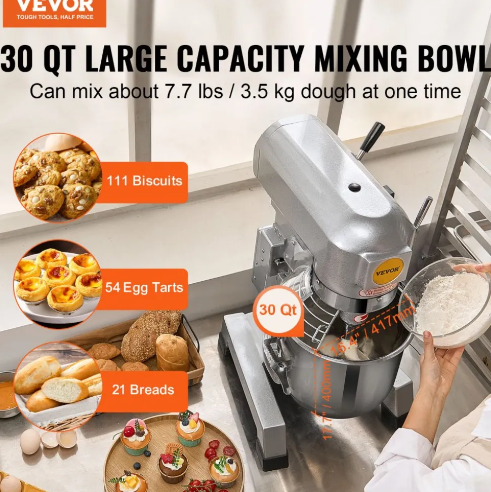 VEVOR Commercial Food Mixer, 28.5L Commercial Stand Mixer with 3 Adjustable Speeds, 1100W Dough Mixer with Stainless Steel Bowl and 3 Mixing Attachments, Ideal for Restaurant, Bakery, Pastry shop, Caf