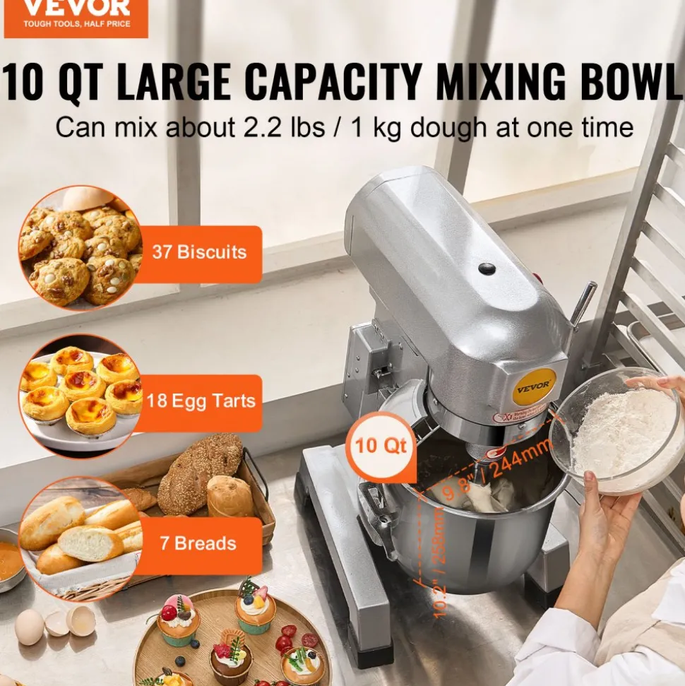 VEVOR Commercial Food Mixer, 10Qt Commercial Mixer with Timing Function, 450W Stainless Steel Bowl Heavy Duty Electric Food Mixer Commercial with 3 Speeds Adjustable 113/184/341 RPM, Dough Hook Whisk