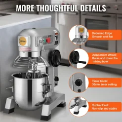 VEVOR Commercial Food Mixer, 10Qt Commercial Mixer with Timing Function, 450W Stainless Steel Bowl Heavy Duty Electric Food Mixer Commercial with 3 Speeds Adjustable 113/184/341 RPM, Dough Hook Whisk