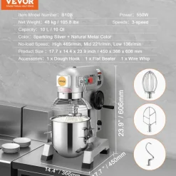 VEVOR Commercial Food Mixer, 10Qt Commercial Mixer with Timing Function, 450W Stainless Steel Bowl Heavy Duty Electric Food Mixer Commercial with 3 Speeds Adjustable 113/184/341 RPM, Dough Hook Whisk