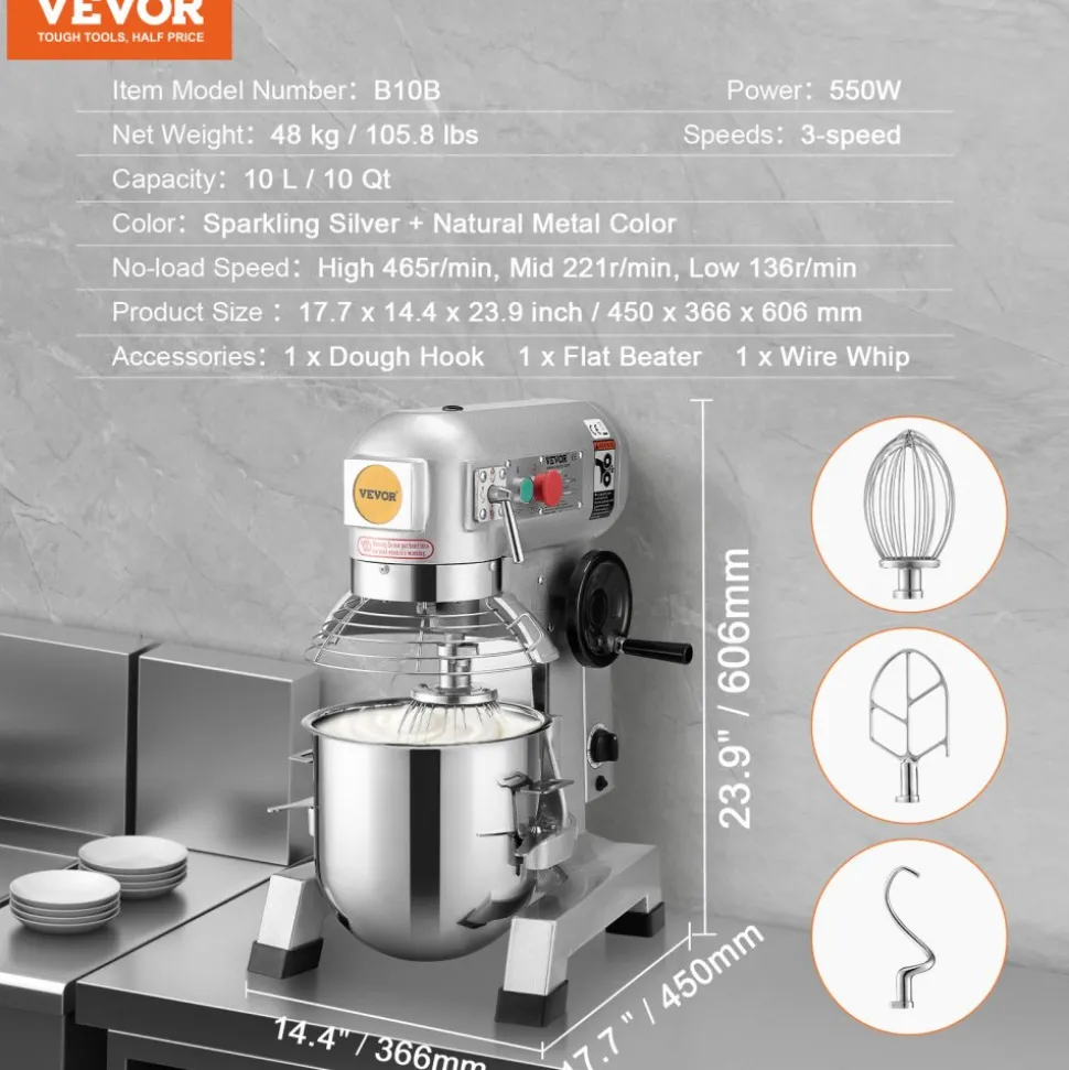 VEVOR Commercial Food Mixer, 10Qt Commercial Mixer with Timing Function, 450W Stainless Steel Bowl Heavy Duty Electric Food Mixer Commercial with 3 Speeds Adjustable 113/184/341 RPM, Dough Hook Whisk