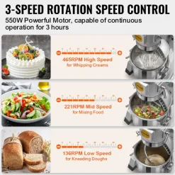 VEVOR Commercial Food Mixer, 10Qt Commercial Mixer with Timing Function, 450W Stainless Steel Bowl Heavy Duty Electric Food Mixer Commercial with 3 Speeds Adjustable 113/184/341 RPM, Dough Hook Whisk