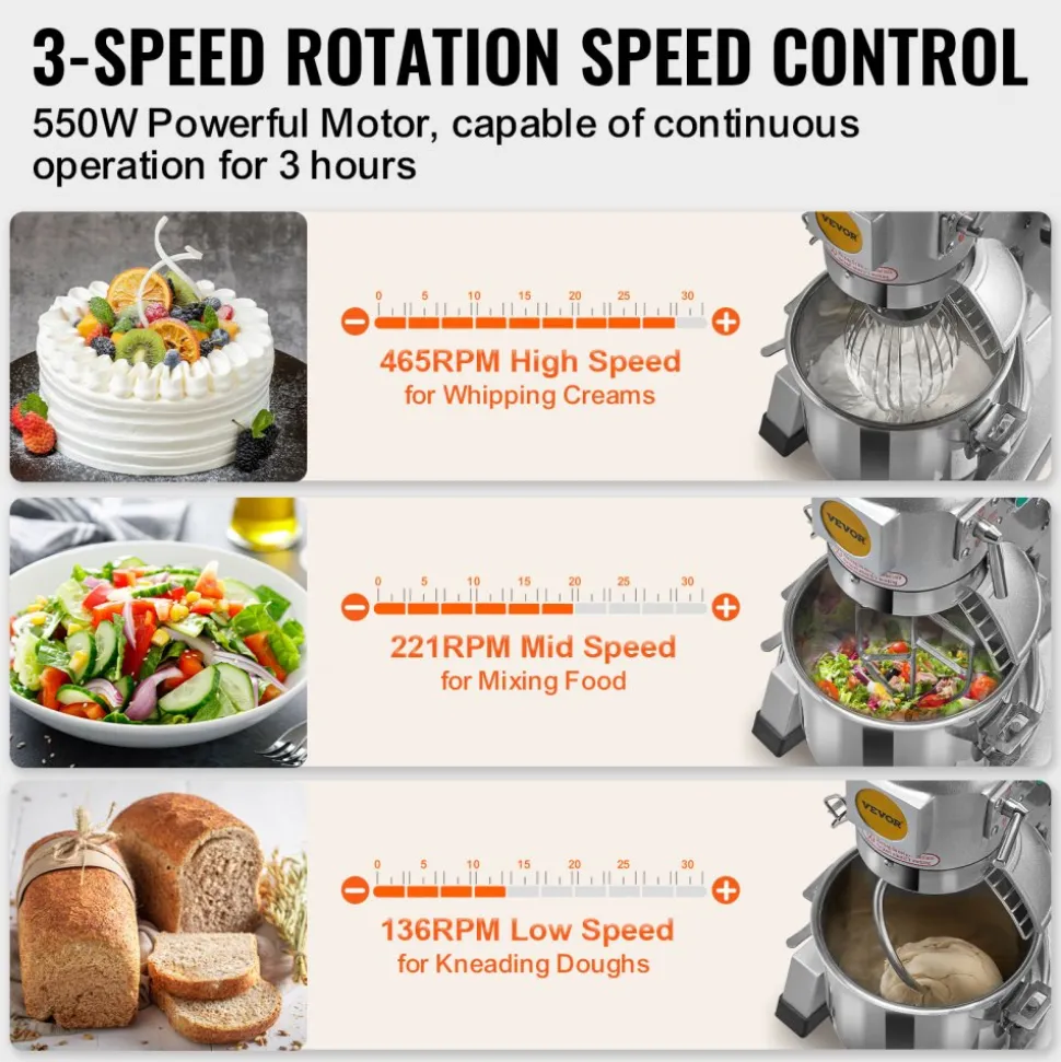 VEVOR Commercial Food Mixer, 10Qt Commercial Mixer with Timing Function, 450W Stainless Steel Bowl Heavy Duty Electric Food Mixer Commercial with 3 Speeds Adjustable 113/184/341 RPM, Dough Hook Whisk