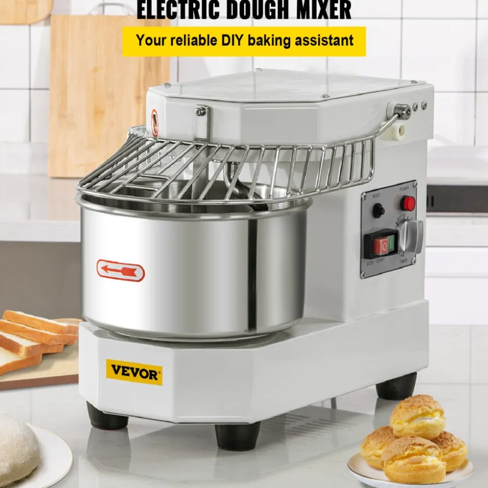 VEVOR Commercial Food Mixer, 7.3Qt Capacity, 450W Dual Rotating Dough Kneading Machine with Food-grade Stainless Steel Bowl, Security Shield & Timer Included, Baking Equipment for Restaurant Pizzeria