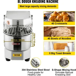 VEVOR Commercial Food Mixer, 7.3Qt Capacity, 450W Dual Rotating Dough Kneading Machine with Food-grade Stainless Steel Bowl, Security Shield & Timer Included, Baking Equipment for Restaurant Pizzeria