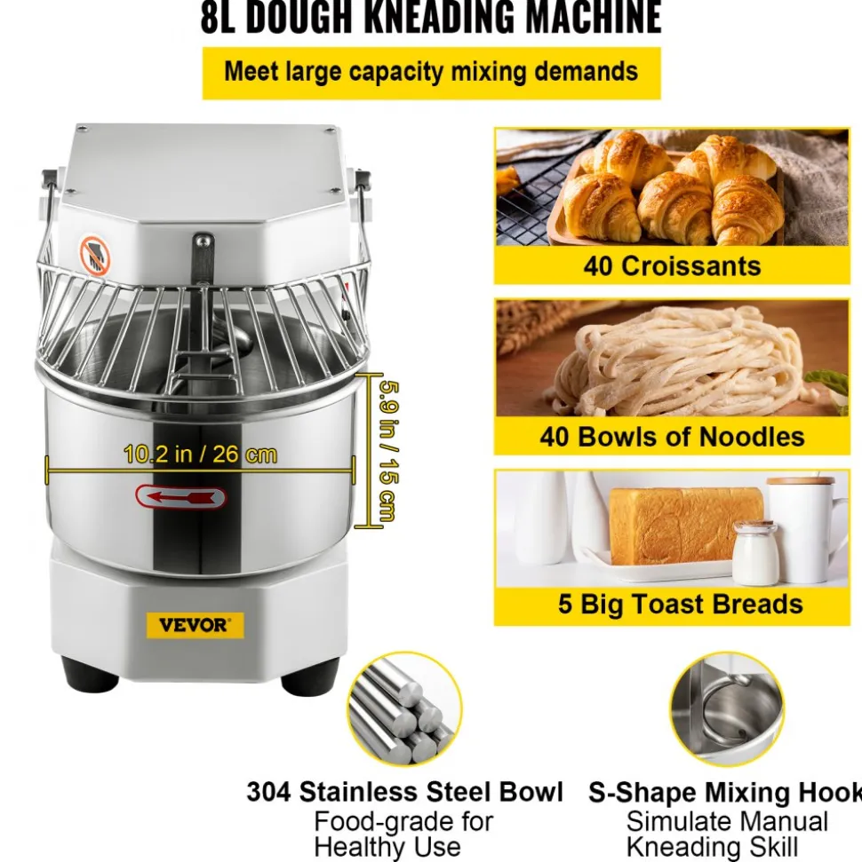 VEVOR Commercial Food Mixer, 7.3Qt Capacity, 450W Dual Rotating Dough Kneading Machine with Food-grade Stainless Steel Bowl, Security Shield & Timer Included, Baking Equipment for Restaurant Pizzeria
