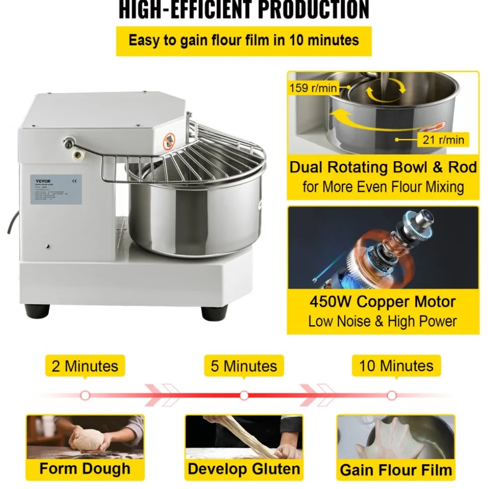 VEVOR Commercial Food Mixer, 7.3Qt Capacity, 450W Dual Rotating Dough Kneading Machine with Food-grade Stainless Steel Bowl, Security Shield & Timer Included, Baking Equipment for Restaurant Pizzeria