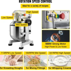 VEVOR Commercial Food Mixer, 15Qt Commercial Mixer with Timing Function, 500W Stainless Steel Bowl Heavy Duty Electric Food Mixer Commercial with 3 Speeds Adjustable 113/184/341 RPM, Dough Hook Whisk