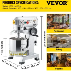 VEVOR Commercial Food Mixer, 15Qt Commercial Mixer with Timing Function, 500W Stainless Steel Bowl Heavy Duty Electric Food Mixer Commercial with 3 Speeds Adjustable 113/184/341 RPM, Dough Hook Whisk