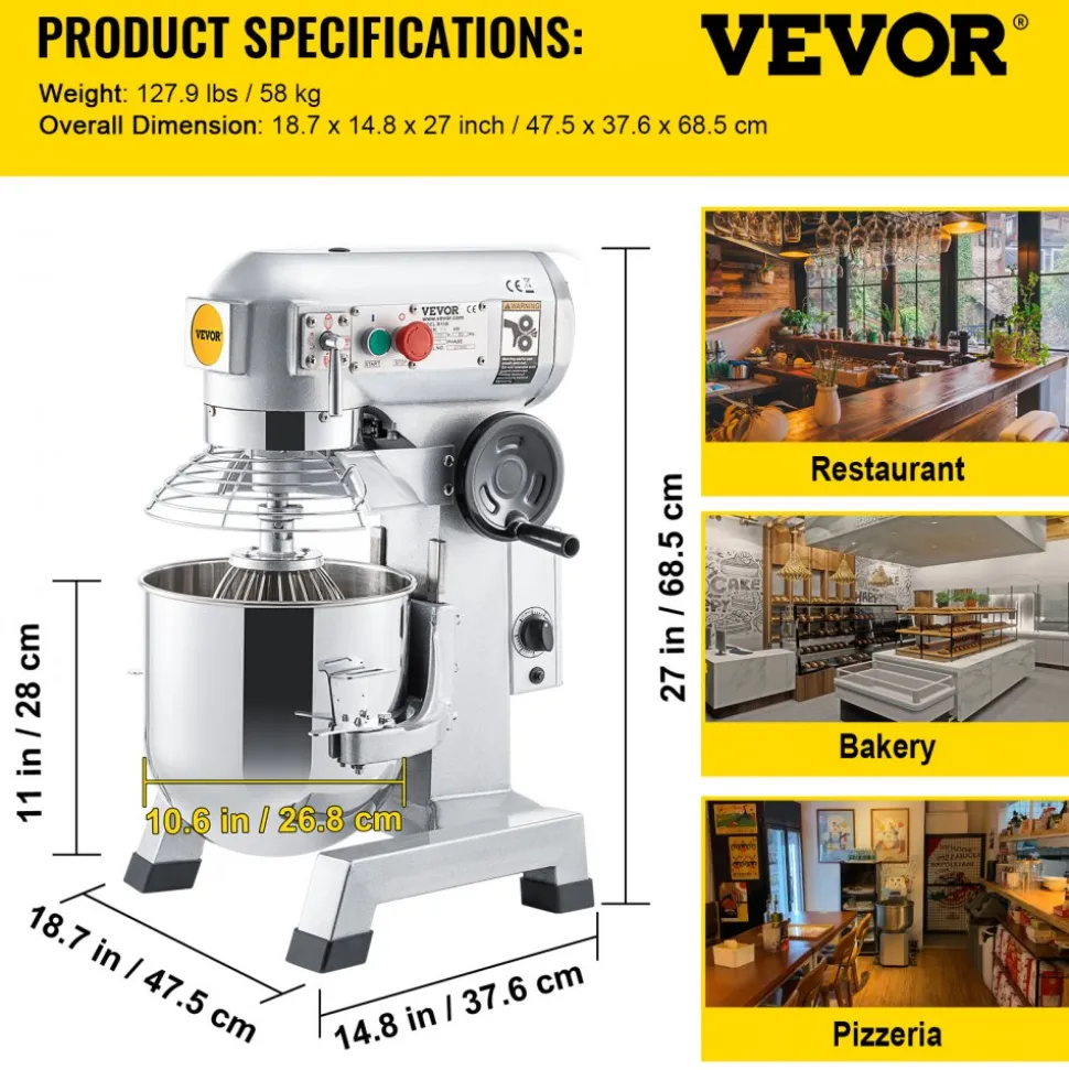 VEVOR Commercial Food Mixer, 15Qt Commercial Mixer with Timing Function, 500W Stainless Steel Bowl Heavy Duty Electric Food Mixer Commercial with 3 Speeds Adjustable 113/184/341 RPM, Dough Hook Whisk