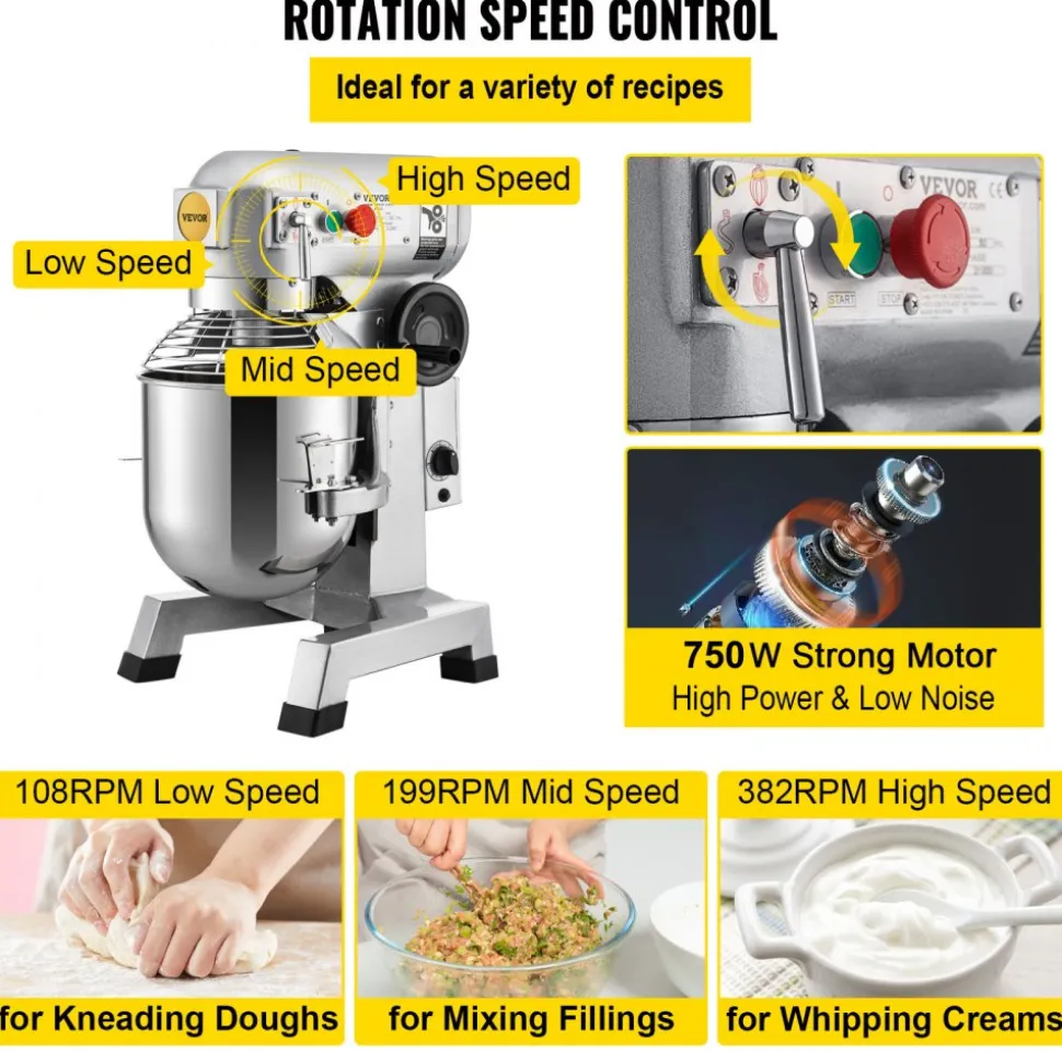 VEVOR Commercial Food Mixer, 20Qt Commercial Mixer with Timing Function, 750W Stainless Steel Bowl Heavy Duty Electric Food Mixer Commercial with 3 Speeds Adjustable 108/199/382 RPM, Dough Hook Whisk