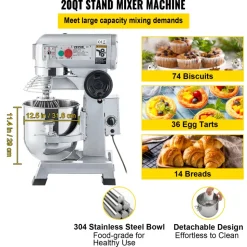 VEVOR Commercial Food Mixer, 20Qt Commercial Mixer with Timing Function, 750W Stainless Steel Bowl Heavy Duty Electric Food Mixer Commercial with 3 Speeds Adjustable 108/199/382 RPM, Dough Hook Whisk