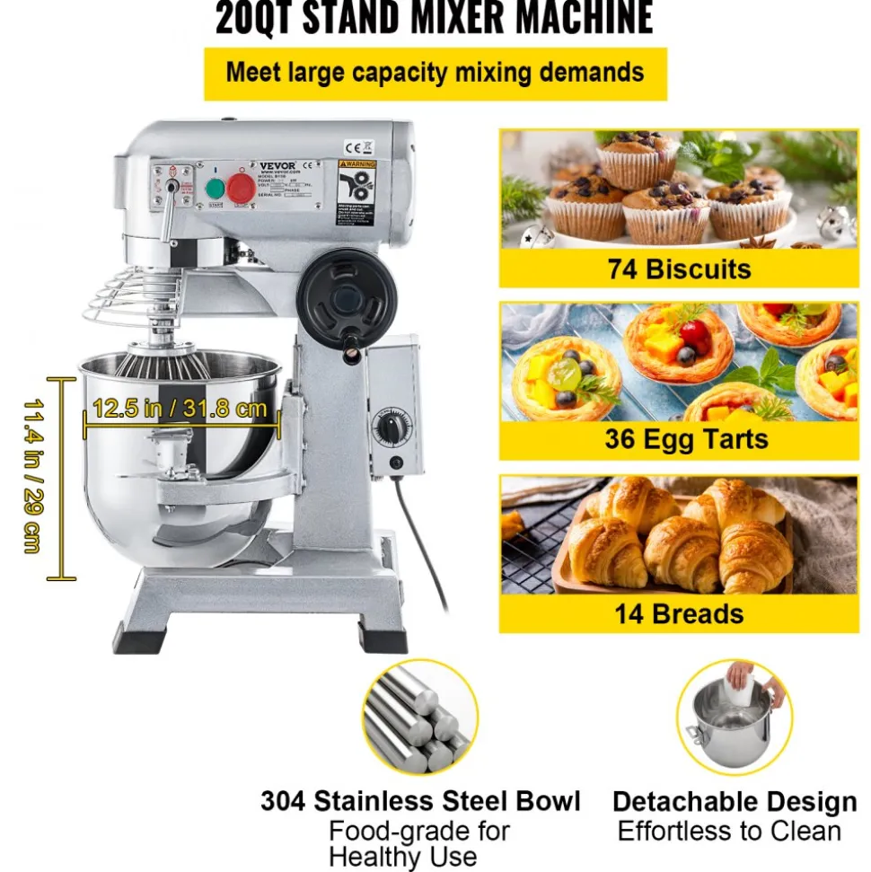 VEVOR Commercial Food Mixer, 20Qt Commercial Mixer with Timing Function, 750W Stainless Steel Bowl Heavy Duty Electric Food Mixer Commercial with 3 Speeds Adjustable 108/199/382 RPM, Dough Hook Whisk