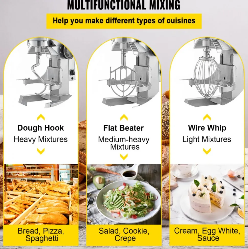 VEVOR Commercial Food Mixer, 20Qt Commercial Mixer with Timing Function, 750W Stainless Steel Bowl Heavy Duty Electric Food Mixer Commercial with 3 Speeds Adjustable 108/199/382 RPM, Dough Hook Whisk