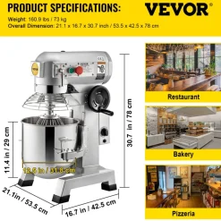VEVOR Commercial Food Mixer, 20Qt Commercial Mixer with Timing Function, 750W Stainless Steel Bowl Heavy Duty Electric Food Mixer Commercial with 3 Speeds Adjustable 108/199/382 RPM, Dough Hook Whisk