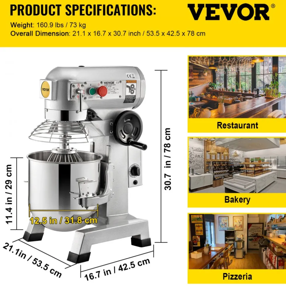 VEVOR Commercial Food Mixer, 20Qt Commercial Mixer with Timing Function, 750W Stainless Steel Bowl Heavy Duty Electric Food Mixer Commercial with 3 Speeds Adjustable 108/199/382 RPM, Dough Hook Whisk