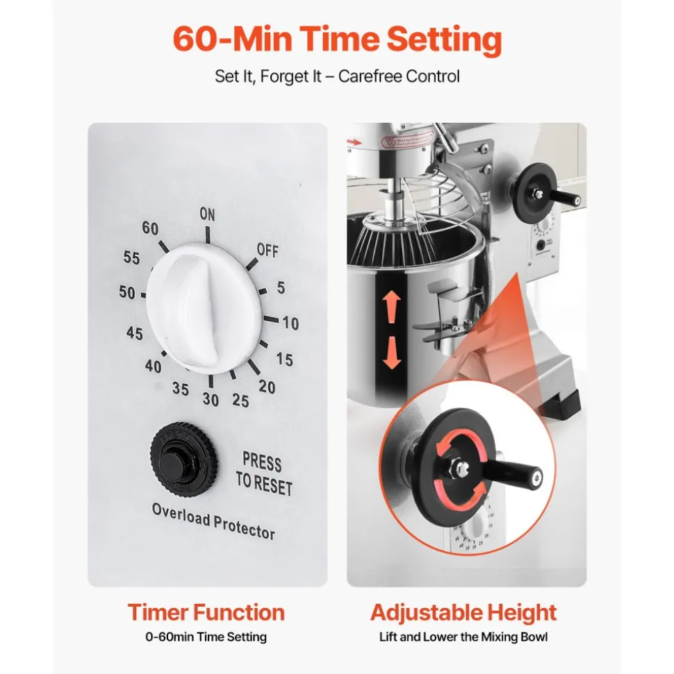 VEVOR Commercial Food Mixer 10Qt 450W 3 Speeds Adjustable 110/178/390 RPM Heavy Duty 110V with Stainless Steel Bowl Dough Hooks Whisk Beater Premium for Schools Bakeries Restaurants Pizzerias
