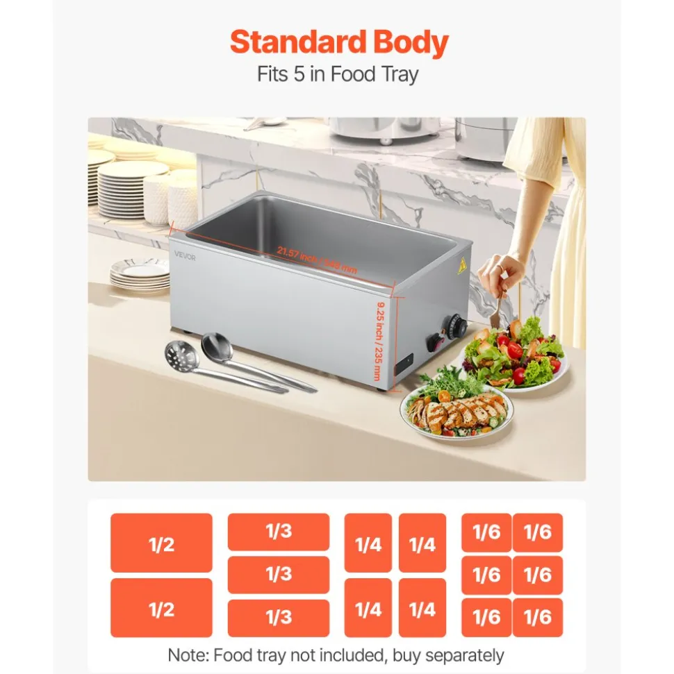 VEVOR Commercial Food Warmer, 1200W Electric Stainless Steel Steam Food Warmer, Fast Heating Countertop Buffet Bain Marie with Soup & Perforated Ladles, for Catering, Restaurants, Parties, Buffets