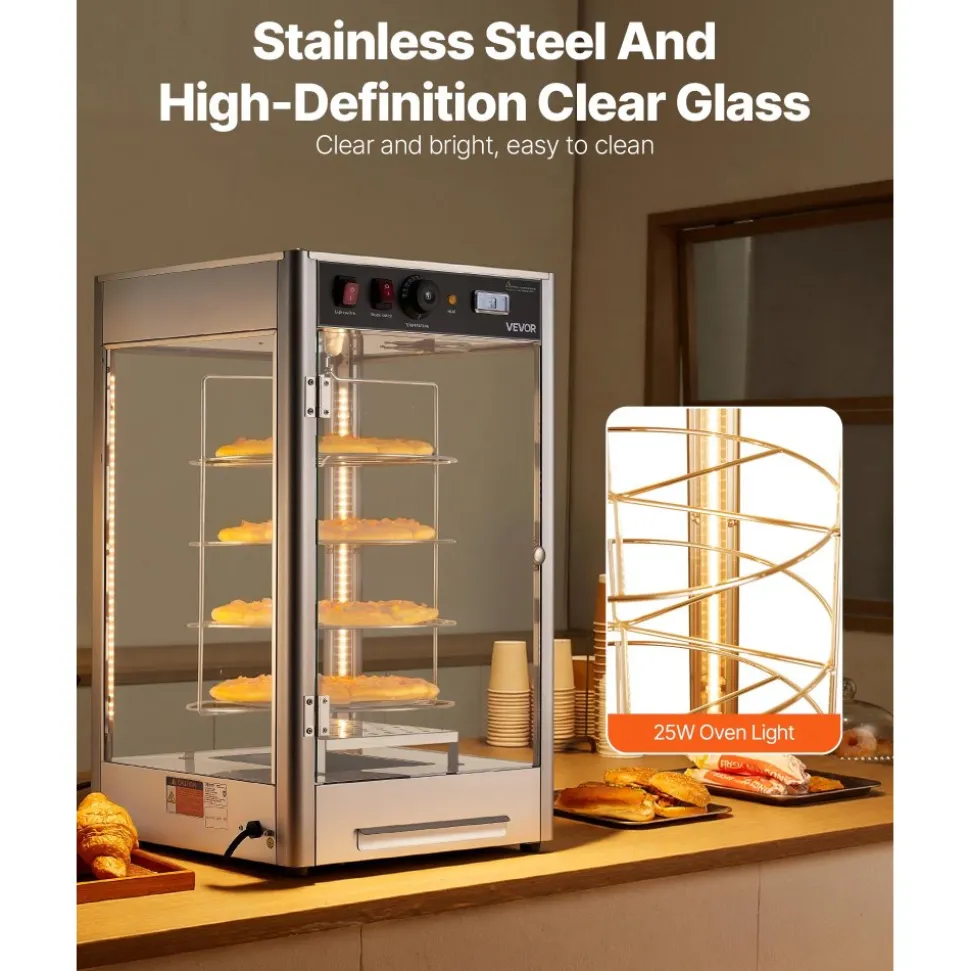 VEVOR Commercial Food Warmer Display, 4-Tier Pizza Warmer with Rotary Steam Heating for 14 in Pizza, 86℉~185℉ Temperature Control and Temp Display, 25W Oven Light + Top LED for Pizza Shop, Restaurant