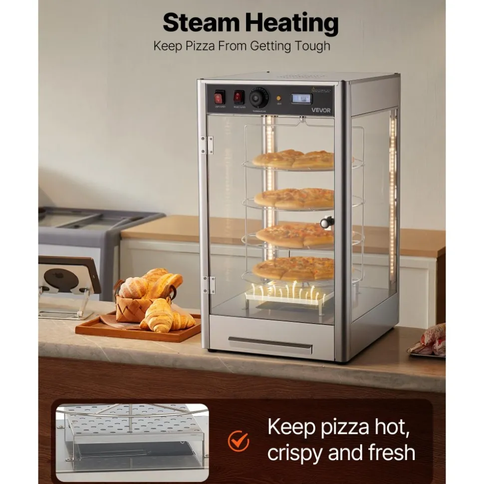 VEVOR Commercial Food Warmer Display, 4-Tier Pizza Warmer with Rotary Steam Heating for 14 in Pizza, 86℉~185℉ Temperature Control and Temp Display, 25W Oven Light + Top LED for Pizza Shop, Restaurant
