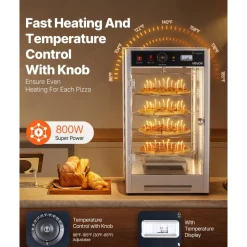 VEVOR Commercial Food Warmer Display, 4-Tier Pizza Warmer with Rotary Steam Heating for 14 in Pizza, 86℉~185℉ Temperature Control and Temp Display, 25W Oven Light + Top LED for Pizza Shop, Restaurant