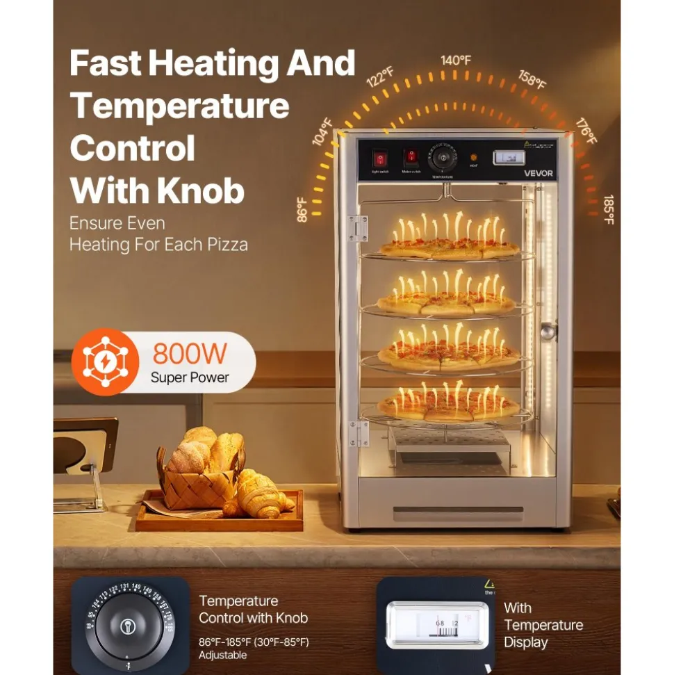 VEVOR Commercial Food Warmer Display, 4-Tier Pizza Warmer with Rotary Steam Heating for 14 in Pizza, 86℉~185℉ Temperature Control and Temp Display, 25W Oven Light + Top LED for Pizza Shop, Restaurant