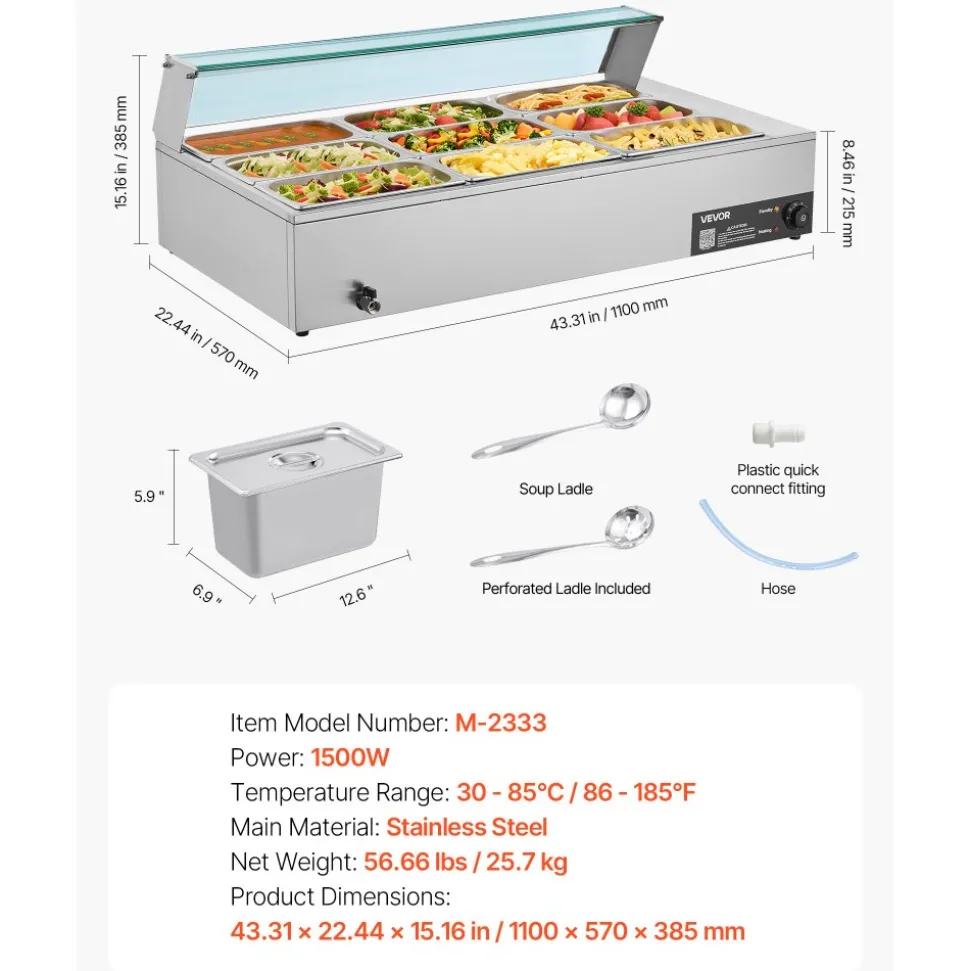 VEVOR Commercial Food Warmer, 1500W Electric Stainless Steel Steam Food Warmer with Glass Cover, 9-Pan Countertop Buffet Bain Marie with Soup & Perforated Ladles, for Catering, Restaurant & Party