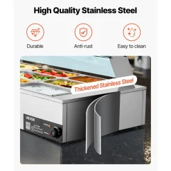 VEVOR Commercial Food Warmer, 1500W Electric Stainless Steel Steam Food Warmer with Glass Cover, 9-Pan Countertop Buffet Bain Marie with Soup & Perforated Ladles, for Catering, Restaurant & Party