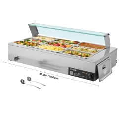 VEVOR Commercial Food Warmer, 1500W Electric Stainless Steel Steam Food Warmer with Glass Cover, 9-Pan Countertop Buffet Bain Marie with Soup & Perforated Ladles, for Catering, Restaurant & Party