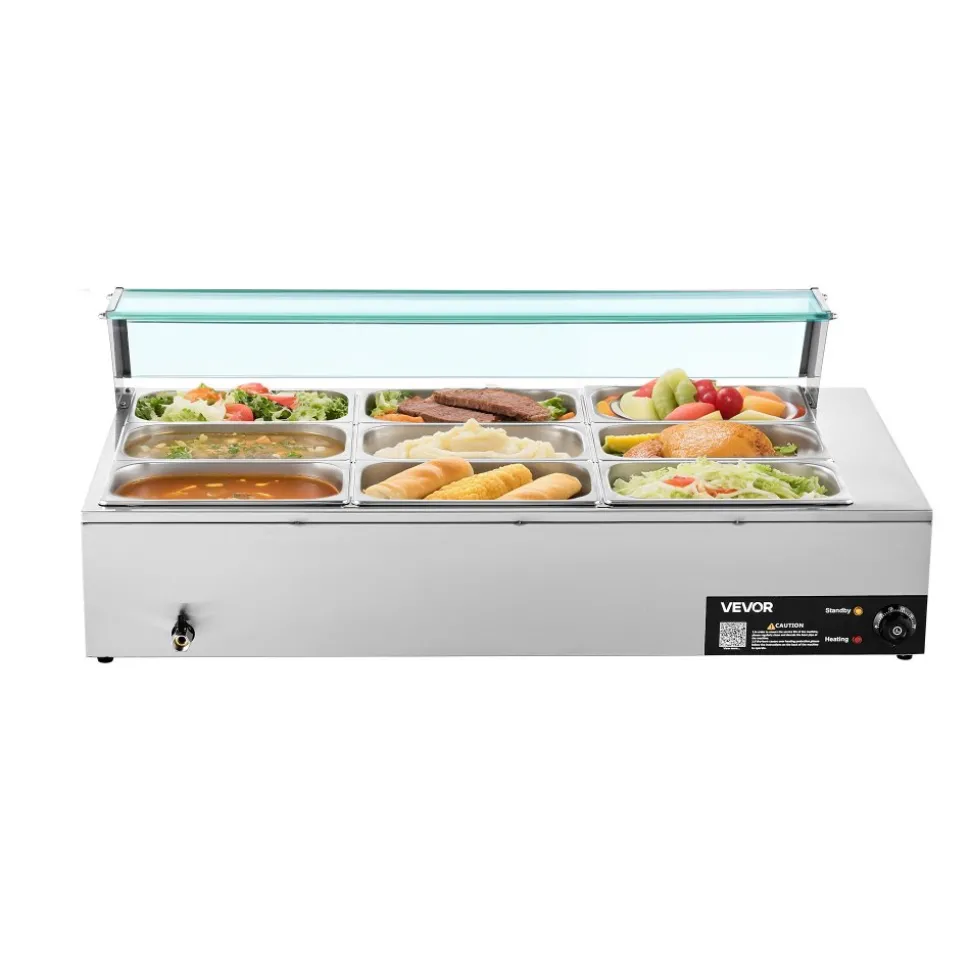 VEVOR Commercial Food Warmer, 1500W Electric Stainless Steel Steam Food Warmer with Glass Cover, 9-Pan Countertop Buffet Bain Marie with Soup & Perforated Ladles, for Catering, Restaurant & Party