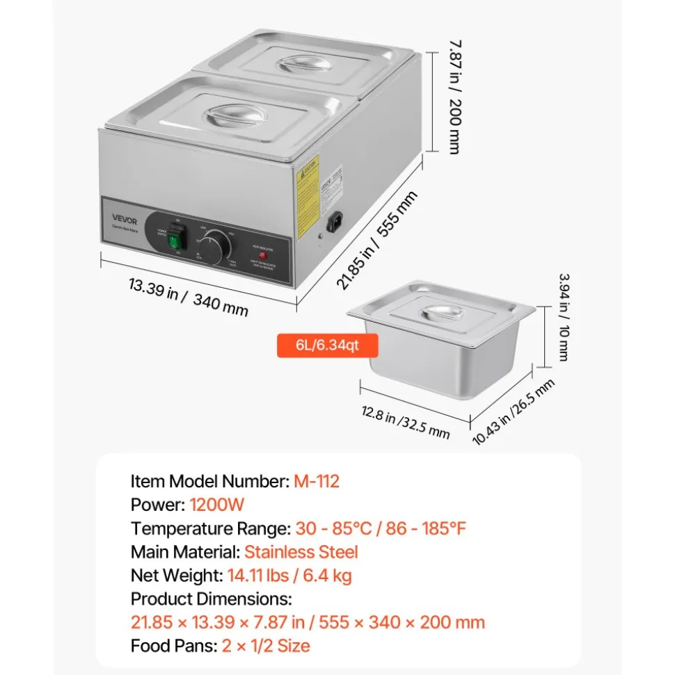 VEVOR Commercial Food Warmer, 1200W Electric Stainless Steel Steam Food Warmer, Fast Heating Countertop Buffet Bain Marie with Two 1/2 Size Food Pans, for Catering, Restaurants, Parties & Buffets